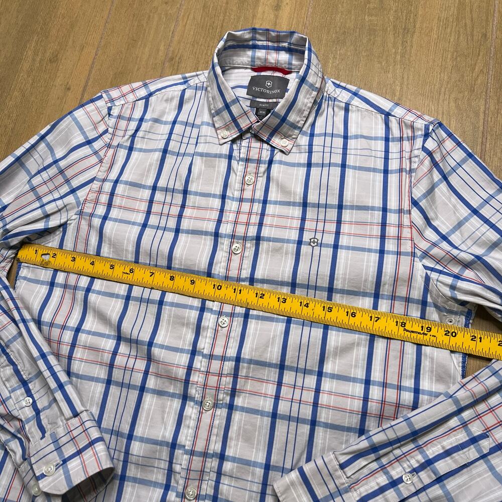Victorinox Button Down Shirt‎ Men’s Medium Slim Fit Plaid White Blue Long Sleeve - Picture 5 of 10